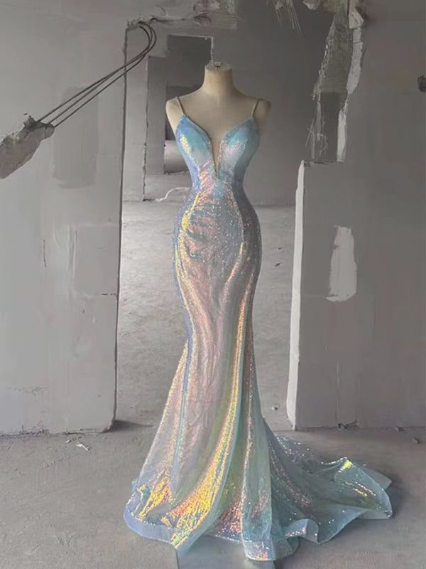 Sparkly Spaghetti Straps Sequins Mermaid V-neck Backless Long Prom Dresses Evening Dresses Y7804 - VelvetHem