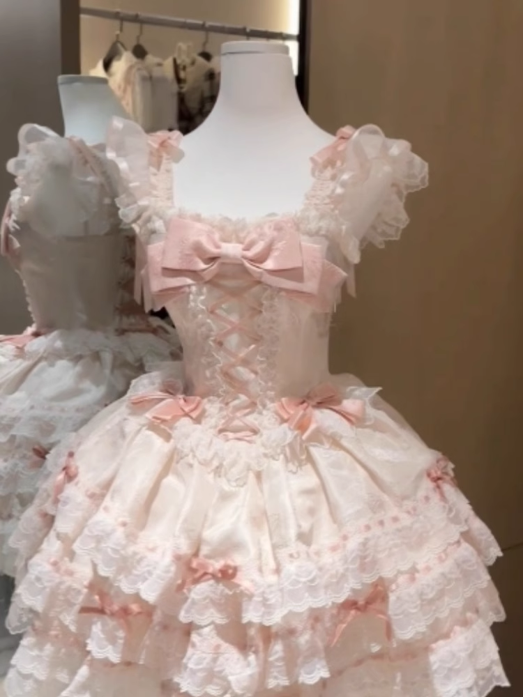 Cute Girl Lolita Lace Bow Princess Dress Pink Birthday Dress