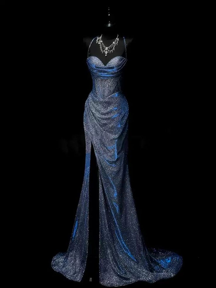 Pretty Mermaid Spaghetti Straps Navy Blue Satin Slit Party Dress