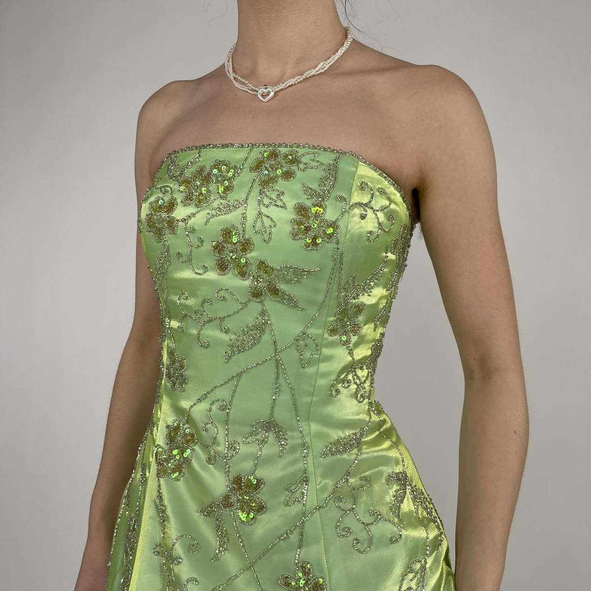 Strapless Green Satin Beaded A Line Prom Dress Evening Dress Y8412 - View 2 | VelvetHem