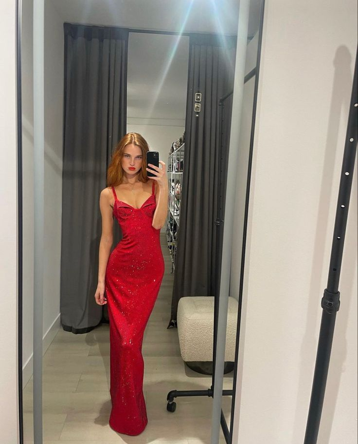 Charming Spaghetti Straps V-Neck Red Satin Beaded Mermaid Evening Dress Long Party Dress - FashionDia