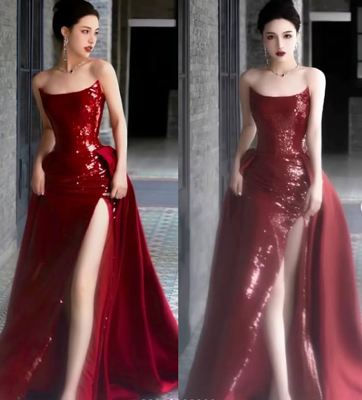 Classy Sheath Strapless Burgundy Sleeveless Long Party Dress Sequin Prom Dresses - View 7 | FashionDia