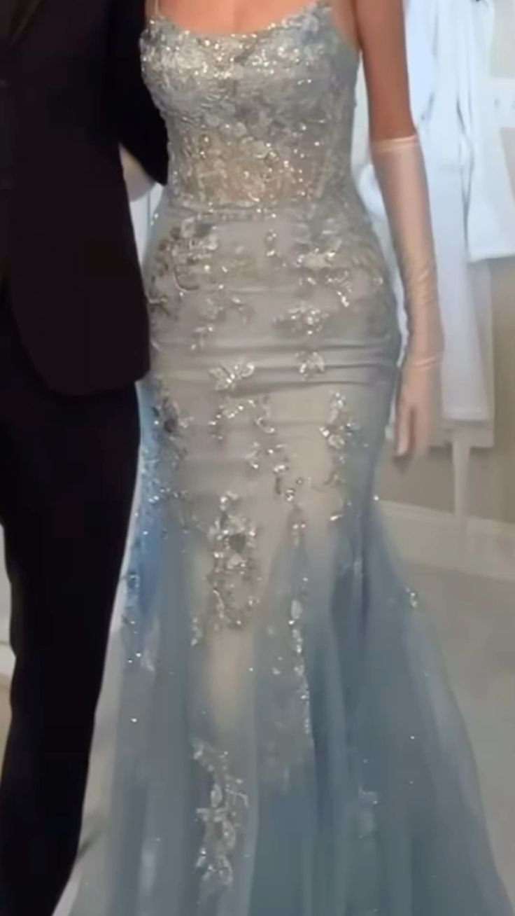 Charming Sky Blue Spaghetti Straps Tulle Sequin Mermaid Evening Dress Long Prom Dress With Gloves - FashionDia