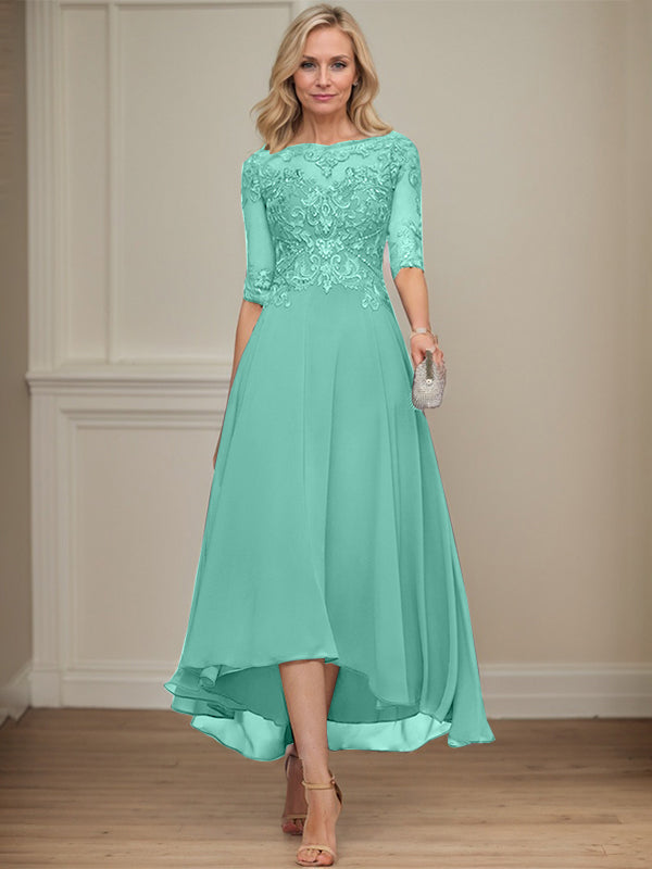 A-line Boat Neck Illusion Asymmetrical Chiffon Lace Mother of the Bride Dress With Sequins Beading
