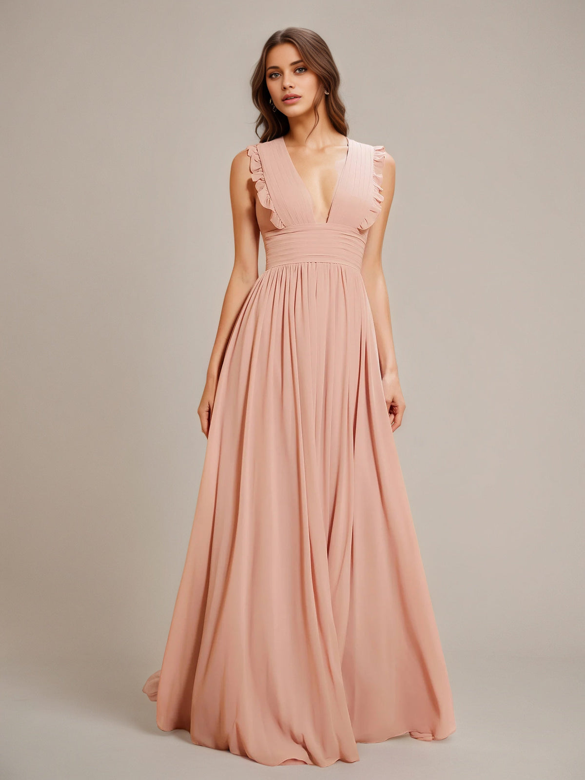 Dusty Rose A-Line Chiffon V-Neck Sleeveless Floor-Length Bridesmaid Dresses With Ruffles - FashionDia