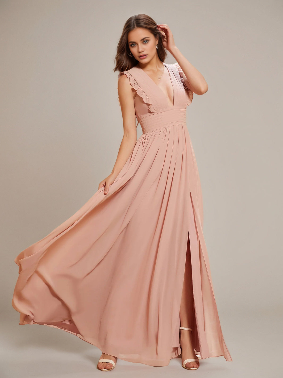 Dusty Rose A-Line Chiffon V-Neck Sleeveless Floor-Length Bridesmaid Dresses With Ruffles - View 4 | FashionDia
