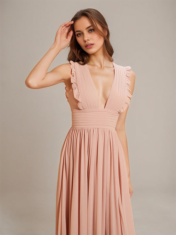 Dusty Rose A-Line Chiffon V-Neck Sleeveless Floor-Length Bridesmaid Dresses With Ruffles - View 6 | FashionDia