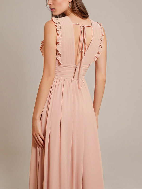Dusty Rose A-Line Chiffon V-Neck Sleeveless Floor-Length Bridesmaid Dresses With Ruffles - View 7 | FashionDia
