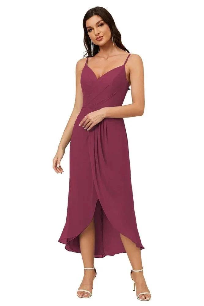 Numbersea Spaghetti Chiffon V Neck Bridesmaid Dress Mid-Length Slit Formal Prom Dress Homecoming Dress 2803 by numbersea