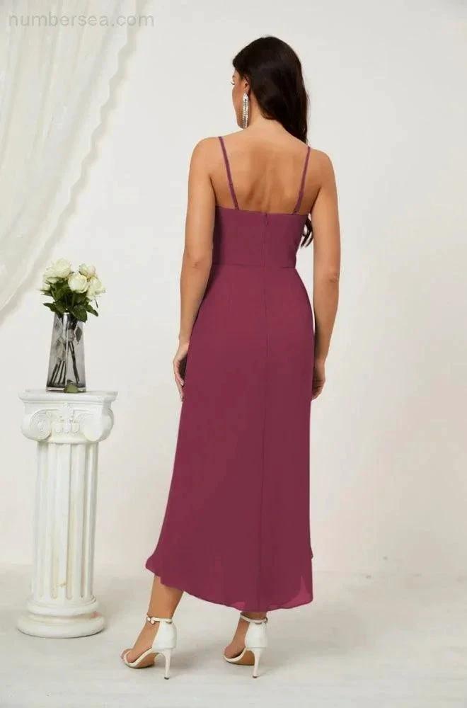 ZapDress Spaghetti Chiffon V Neck Bridesmaid Dress Mid-Length Slit Formal Prom Dress Homecoming Dress 2803 (ZD16952)
