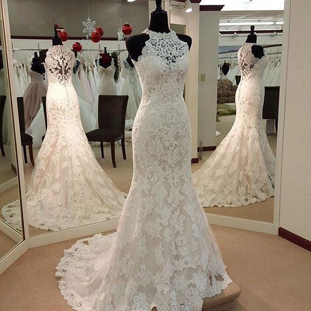 Jewel Neck  Mermaid Lace Applique Sleeveless Wedding Dresses (ZD15454)