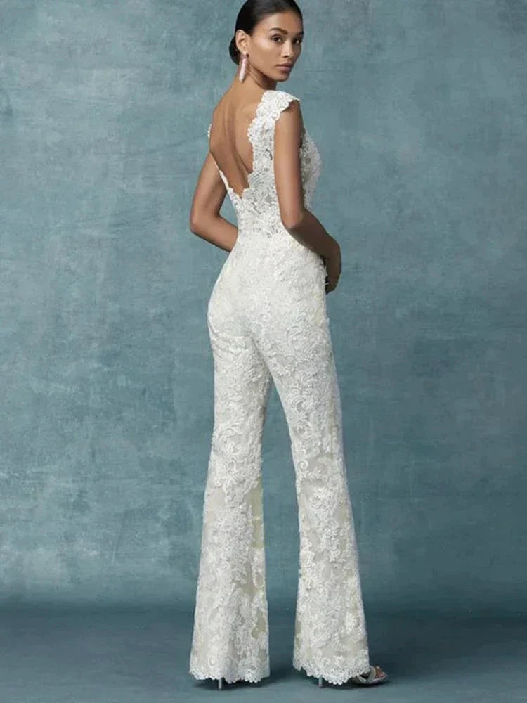 Wedding Dresses With Detachable Train Bride Pants Suit Lace Appliqued Sleeveless Women Brides Outfits Backless Custom (ZD13561)