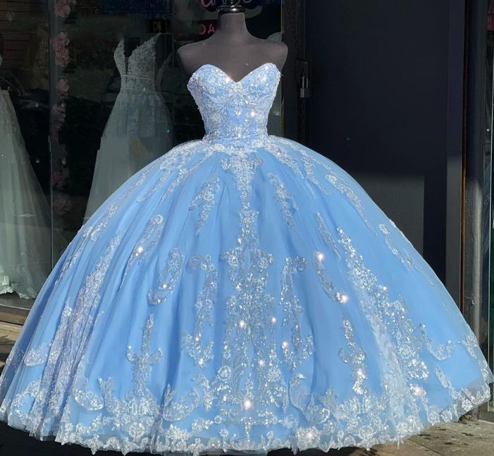 Pretty Blue Strapless Tulle Appliques Quinceanera Dress Sweet 16 Ball Gown