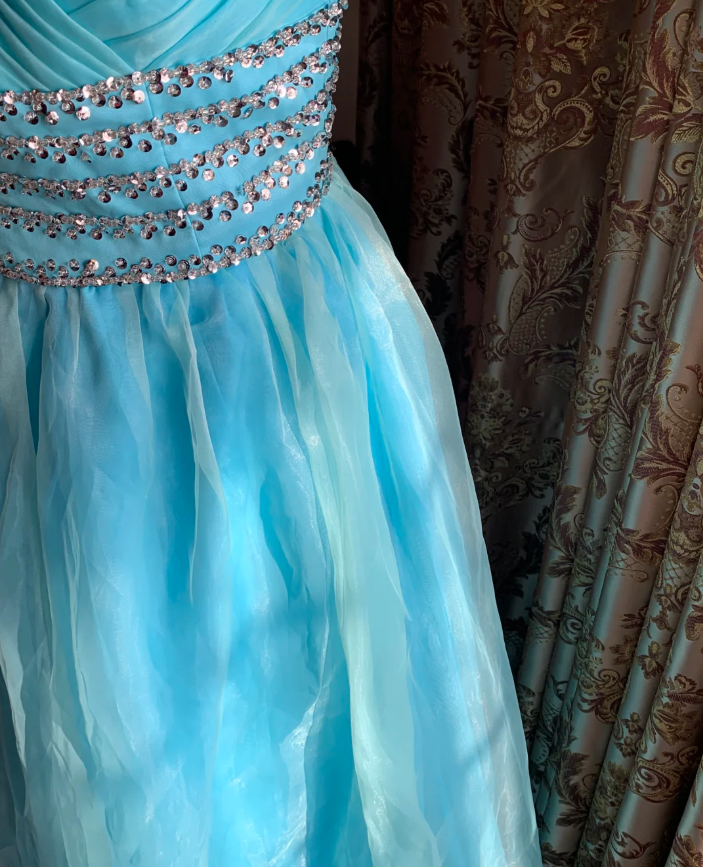 Cute Off The Shoulder Blue Tulle Beaded A Line Princess Party Dress Long Evening Gown