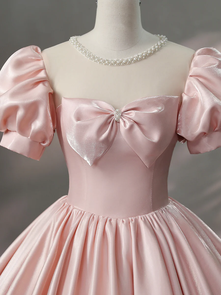 Beautiful Pink Scoop Neck Satin Floor Length Prom Dress A-Line Short Sleeve Evening Dress with Bow Y6082 - View 3 | VelvetHem