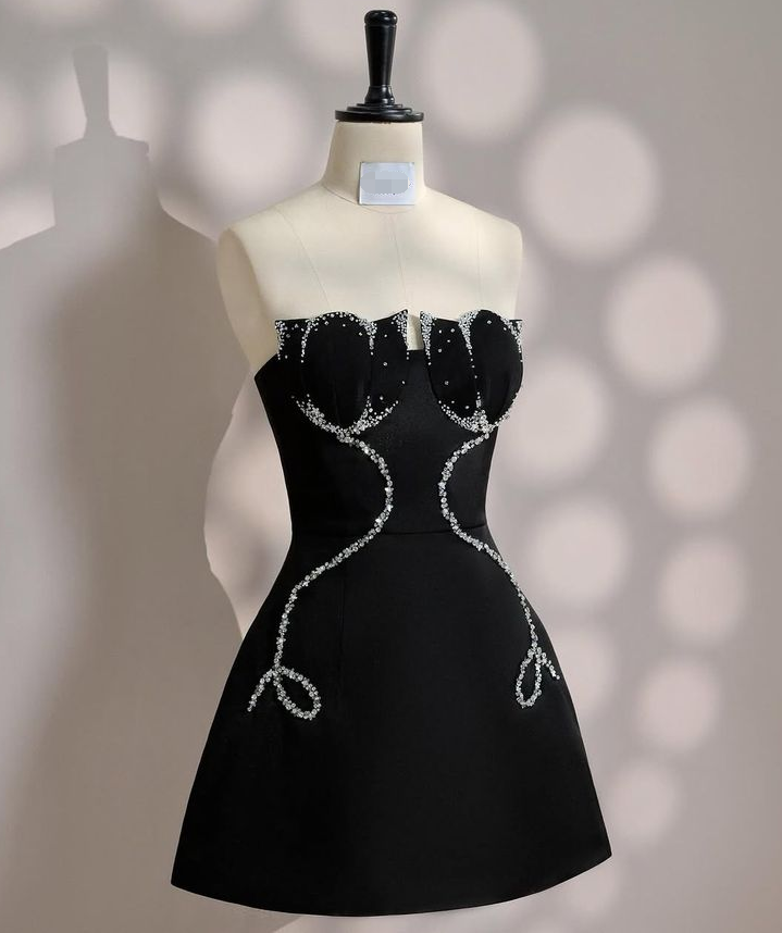 Classy Black Strapless Satin Beaded Short Cocktail Dress 8th Grade Homecoming Dress