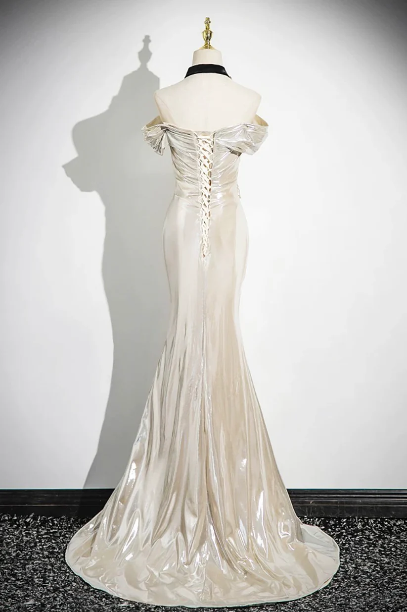 Charming Champagne Off The Shoulder Satin Prom Dress Mermaid Evening Gown Y8202 - View 3 | VelvetHem