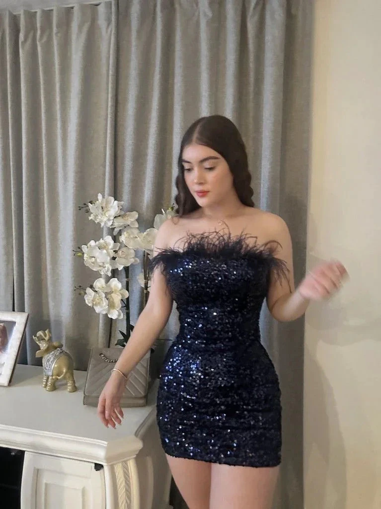 Strapless Feather-Trim Sequin Dress Short Homecoming Dress (ZD12647)