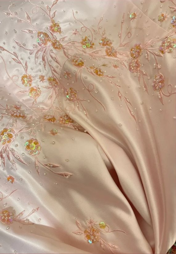 Classy Pink Strapless Satin Sequin Beaded Long Mermaid Evening Dress Party Gown - View 3 | FashionDia