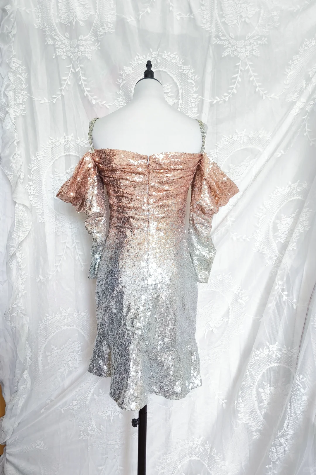 Vintage Champagne Ombre Sequin Cocktail Dress Off-the-Shoulder 6th Grade Homecoming Dresscc - View 3 | FashionDia