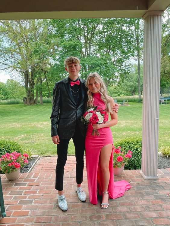 Beaded Slit Sheath Prom Dress Hot Pink Long Evening Dress