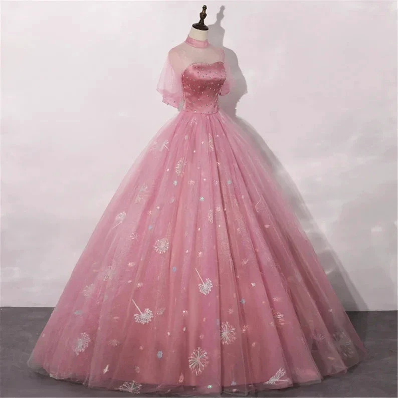 Blush Pink Quinceanera Dress Masquerade Dress A-Line Wedding Dress Floor Length High Neck Bridal Gown Short Sleeves (ZD13639)