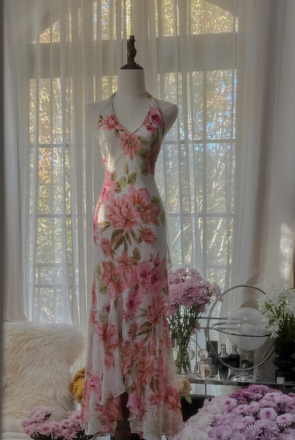 Pretty Halter V-Neck Chiffon Print Floral Beaded Mermaid Long Party Dress Formal Wedding Guest Dress - FashionDia