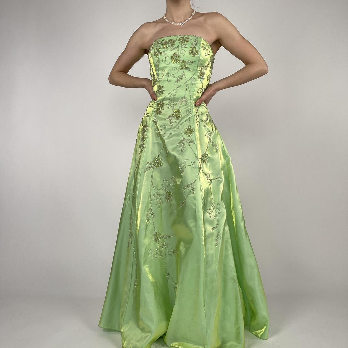 Strapless Green Satin Beaded A Line Prom Dress Evening Dress Y8412 - View 5 | VelvetHem
