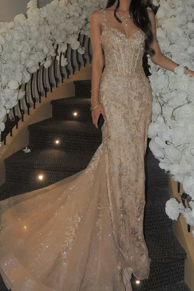 Charming Spaghetti Straps Champagne Tulle Sequin Mermaid Long Evening Dress Formal Birthday Party Dress - FashionDia