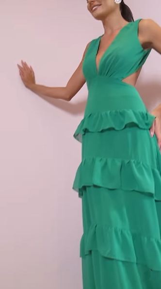 Emerald Green Deep V Neck Layered Ruffles Evening Dress Backless Long Prom Dress Y8386 - View 4 | VelvetHem