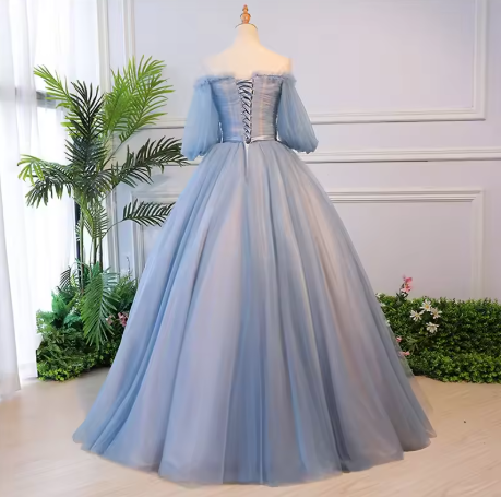 Unique blue tulle lace long prom dress blue evening dress S13770 - View 4 | VelvetHem