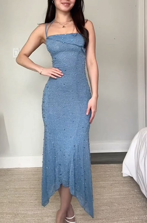 Fashion Spaghetti Straps Blue Sequin Beaded Mermaid Party Dress Formal Wedding Guest Dress