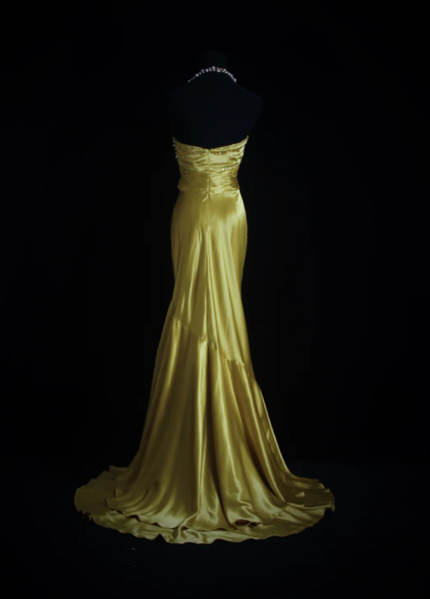 Stylish Strapless Gold Satin Pleated Beaded Mermaid Long Birthday Party Dress Evening Dress