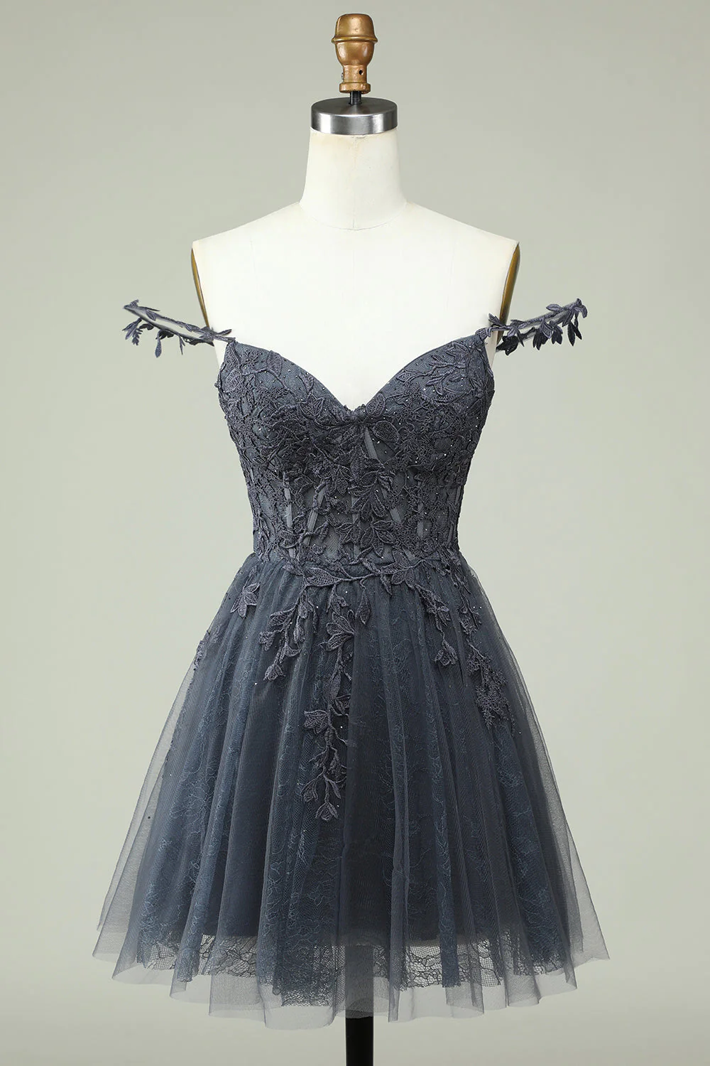 Cute A-Line Spaghetti Straps Grey Short Homecoming Dress with Appliques - FashionDia