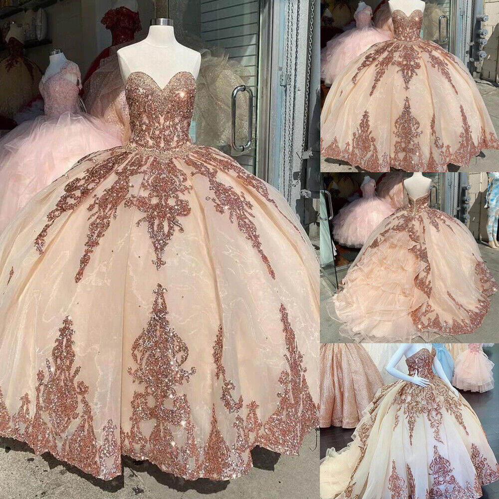Rose Gold Sweet 16 Quinceanera Dresses Sequins Appliques Sweetheart Ball Gowns Y401 - View 3 | VelvetHem