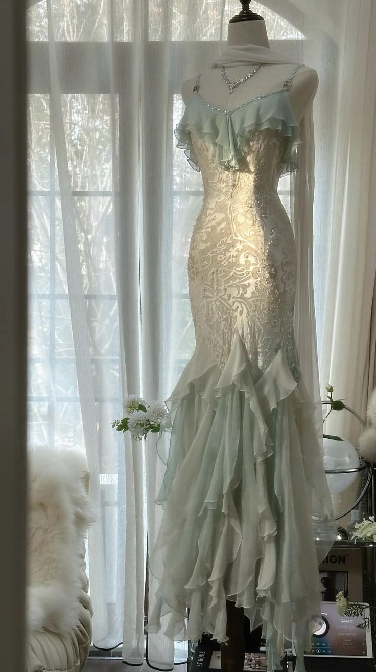 Classy Mint Green Temperament Mermaid Spaghetti Strap Chiffon Beaded Evening Dress Formal Prom Dress Y8546 - View 6 | VelvetHem