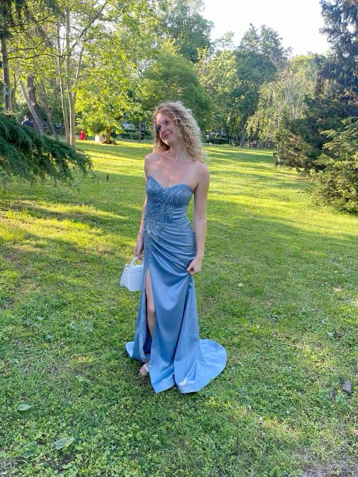 Charming Blue Strapless Satin Pleated Beaded Slit Mermaid Evening Dress Long Party Gown - FashionDia