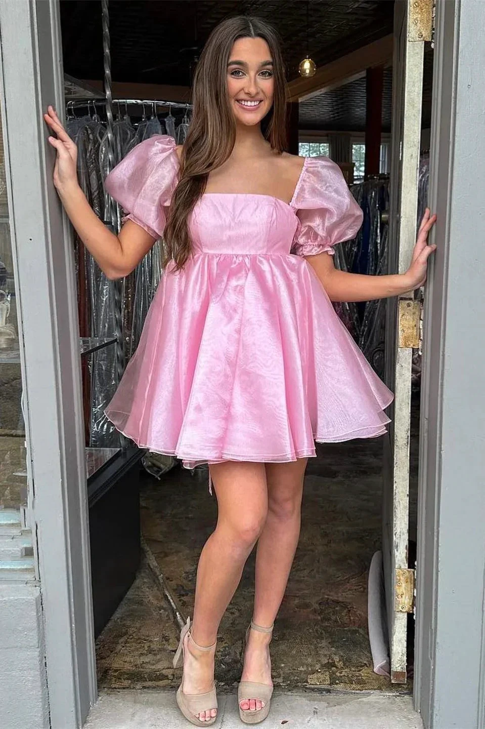 Pink Square Neck Balloon Sleeves A-Line Homecoming Dress Y2434 by simplepromdress