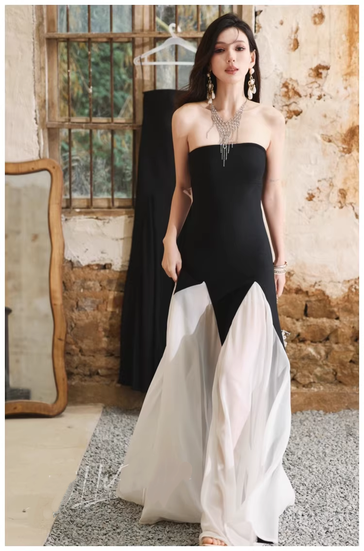 Pretty Strapless Satin Chiffon Mermaid Long Evening Dress Formal 17th Birthday Outfits