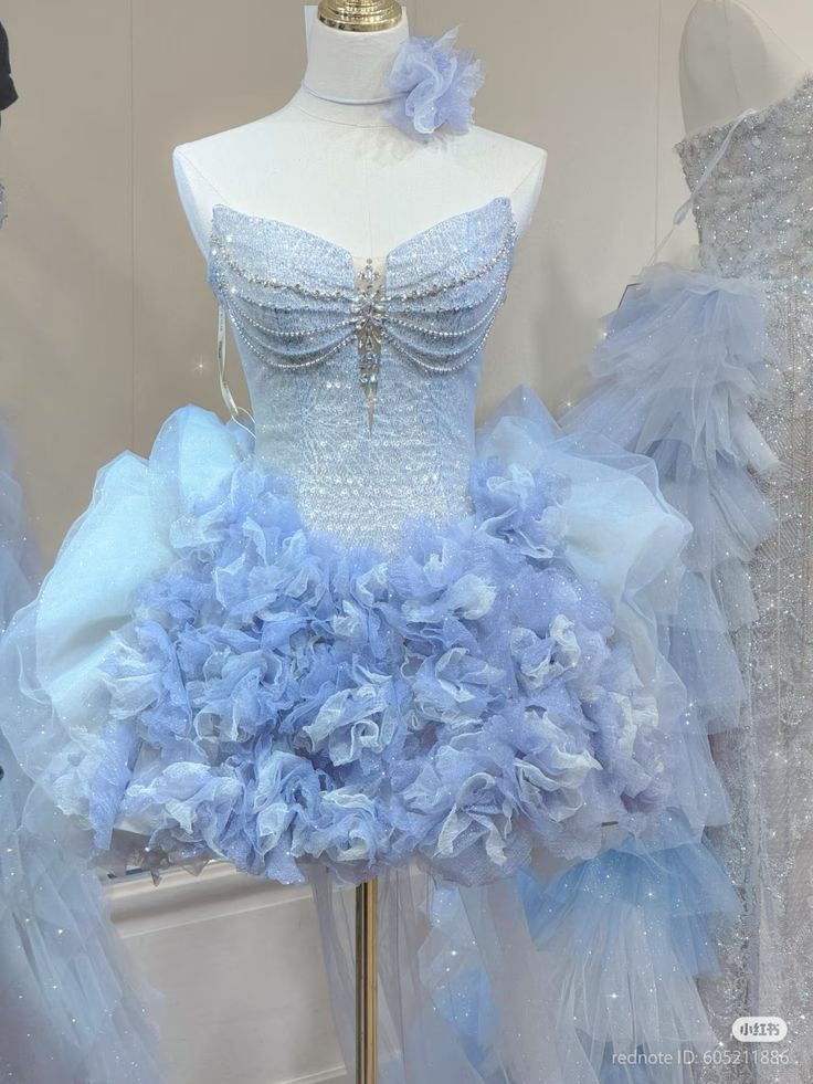 Classy Strapless Blue Tulle Pleated Beaded Birthday Outfits Homecoming Dress - FashionDia