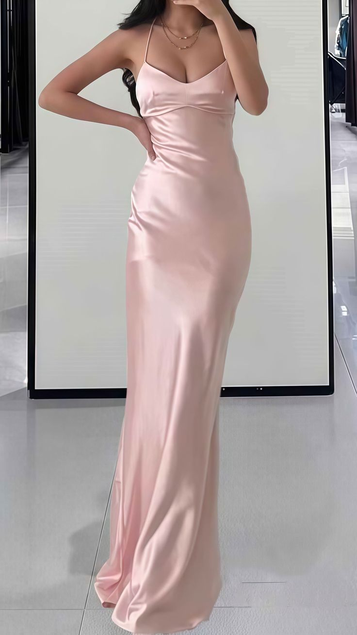 Simple Straps Pink Sheath Long Party Evening Dress