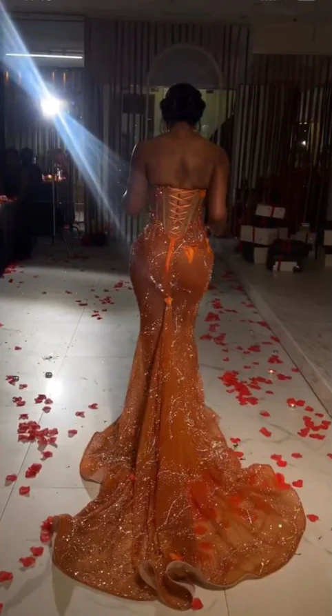 Classy Mermaid Sweetheart Orange Tulle Sequin Evening Gowns Long Prom Dress