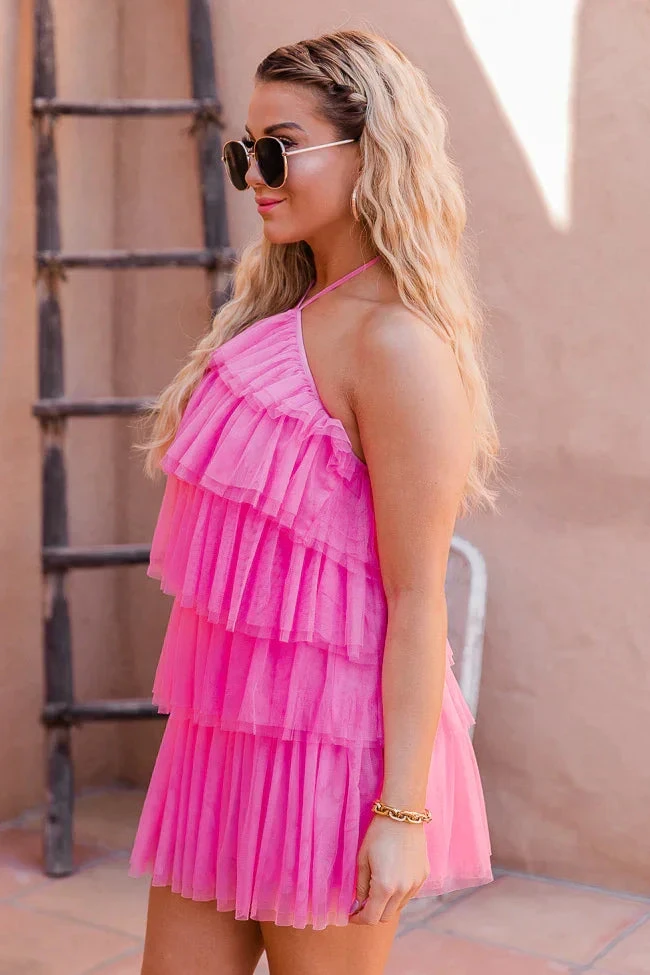Layer Hem Backless Mesh Overlay Halter Dress Pink Homecoming Dress (ZD12019)