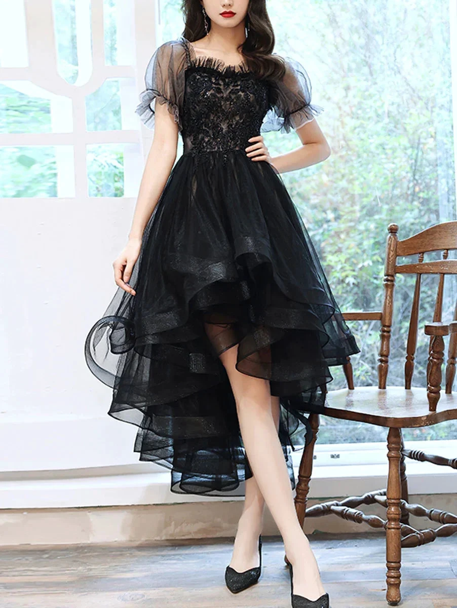 Black Sweetheart Tulle Lace High Low Prom Dress Black Homecoming Dress (ZD12591)
