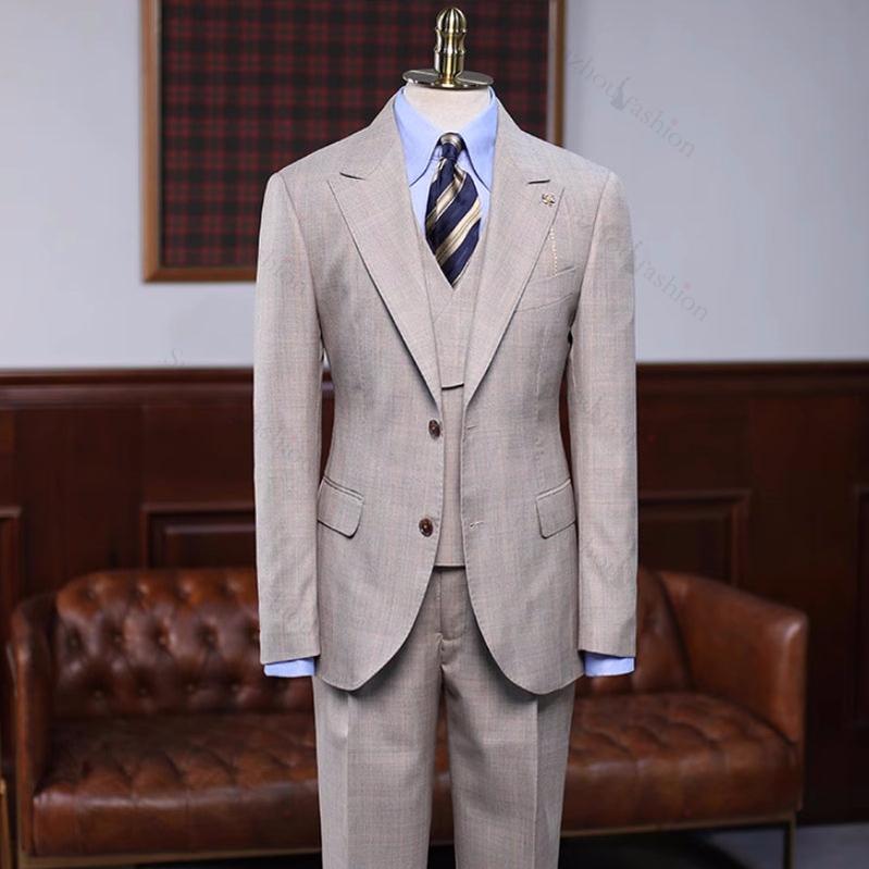 Khaki Plaid Three Piece Peaked Lapel Prom Suit