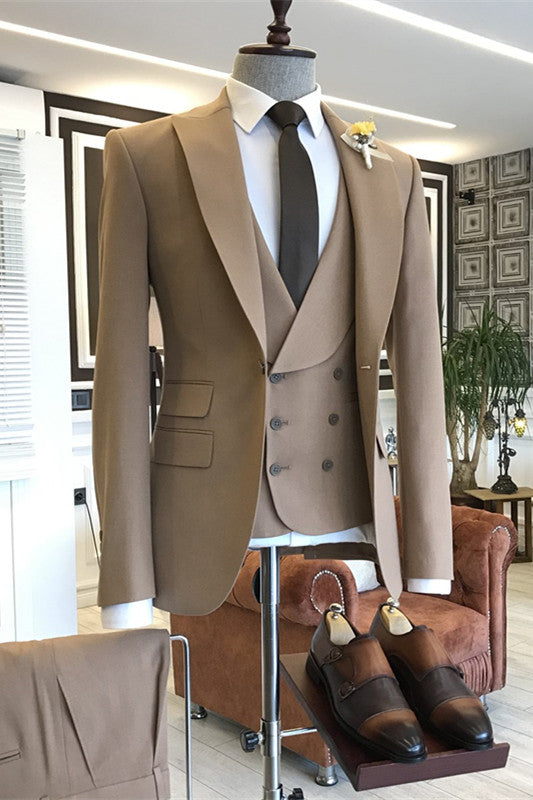 Khaki Three Piece Peaked Lapel Prom Suit