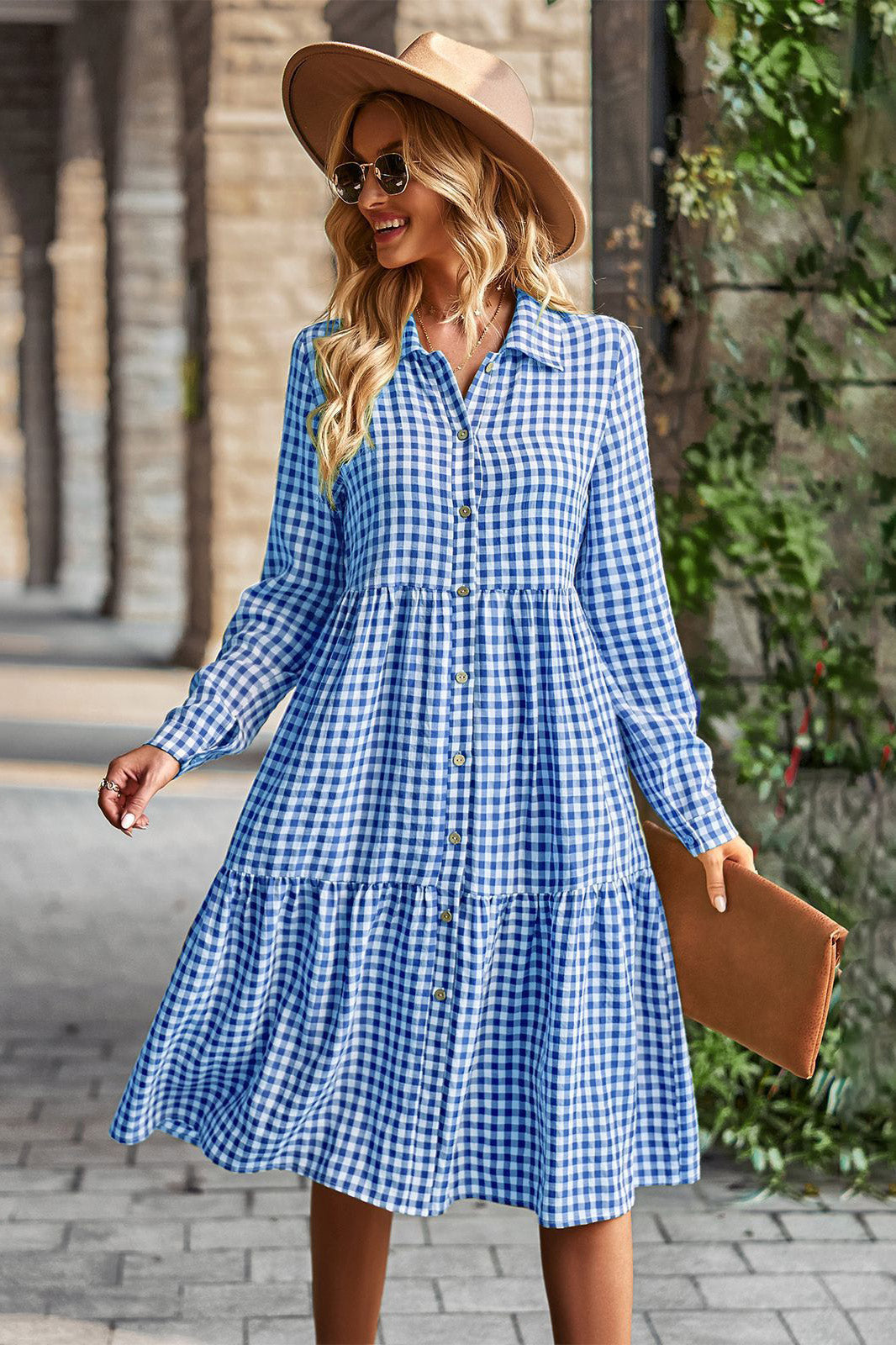Knee Length Blue Plaid Long Sleeve Dress - Fashionpara