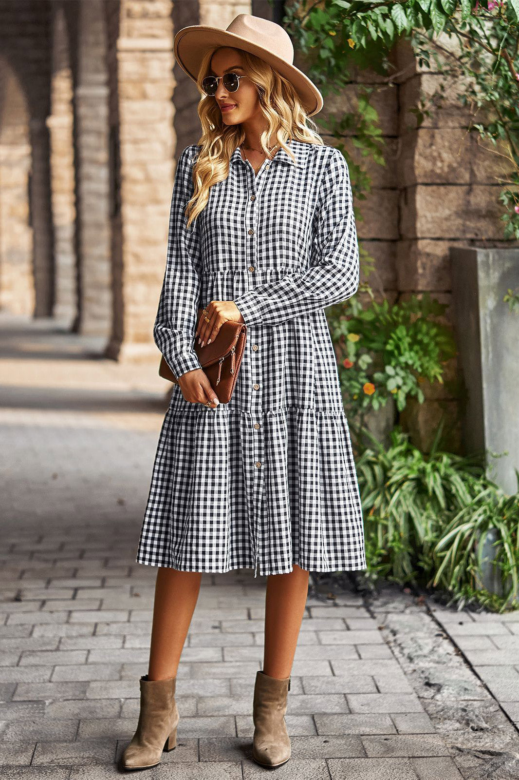 Knee Length Blue Plaid Long Sleeve Dress - Fashionpara