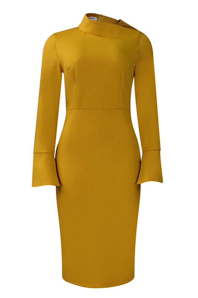Knee Length Gold Long Sleeve Office Dress - Fashionpara