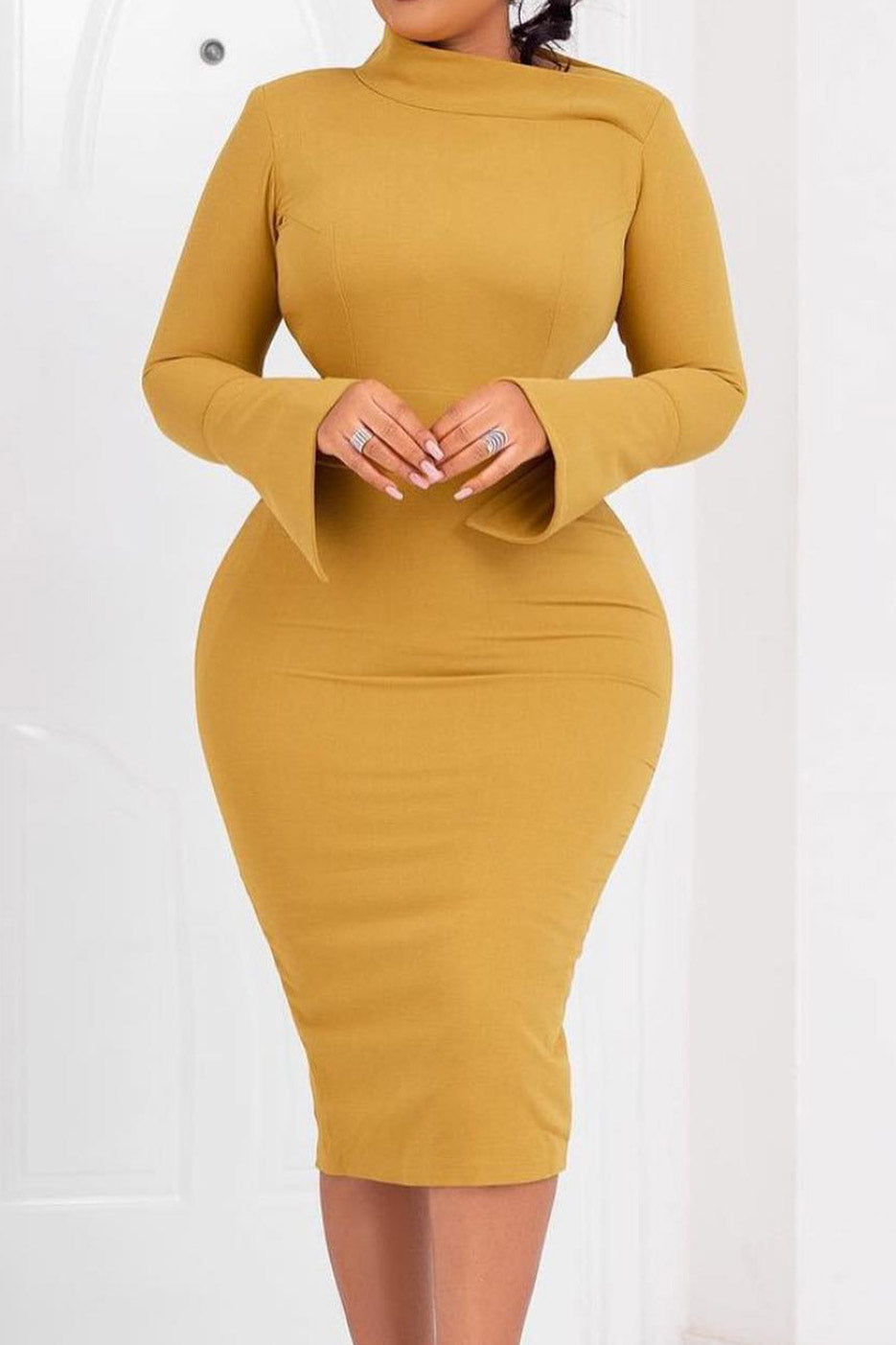 Knee Length Gold Long Sleeve Office Dress - Fashionpara